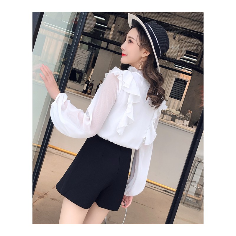 初中学生长袖衬衫女2018秋装少女新款韩版荷叶边白色雪纺衫衬衣