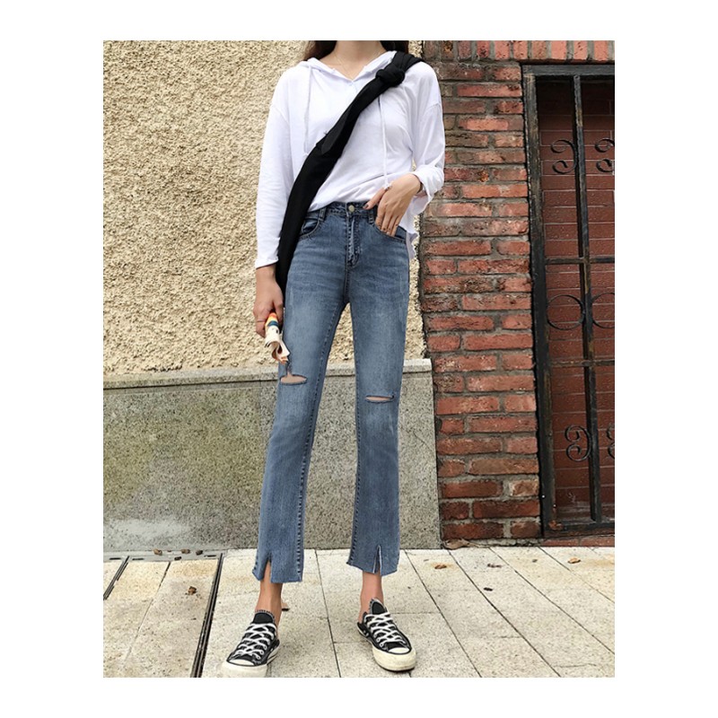2018女装新款韩版破洞微喇高腰九分牛仔裤女生修身弹力显瘦