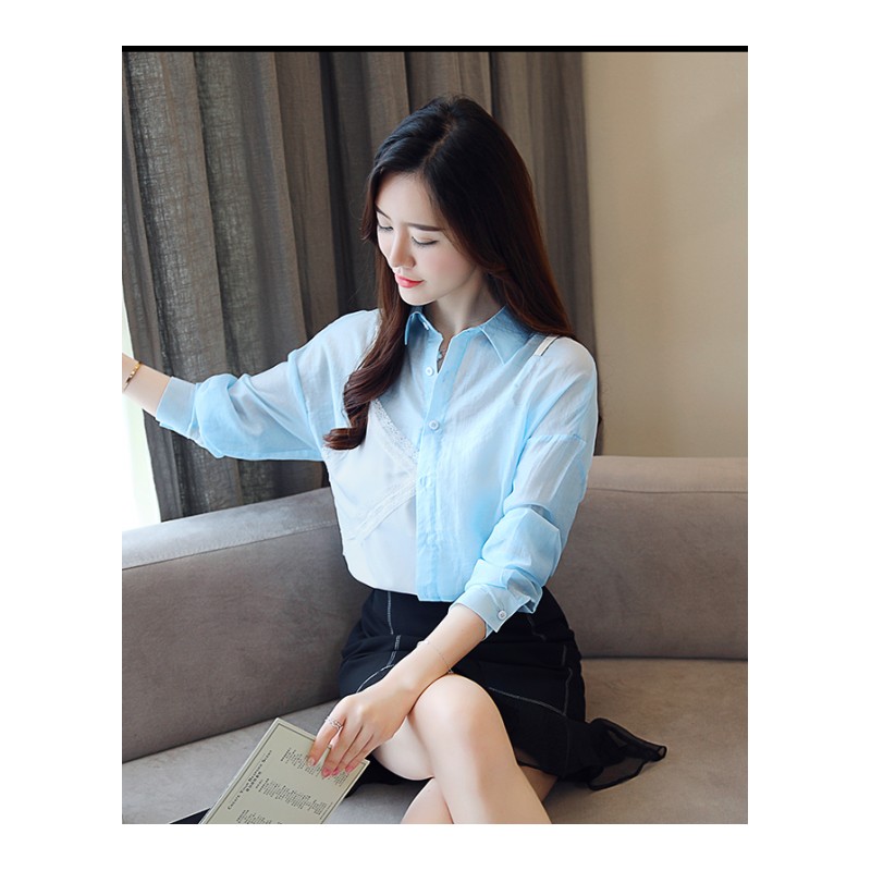 2018秋装新款韩版修身长袖假两件蕾丝拼接衬衫女装时尚POL