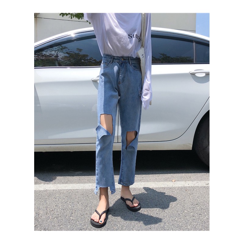 韩版秋季chic浅色破洞牛仔裤女宽松高腰乞丐九分裤学生bf显瘦薄款