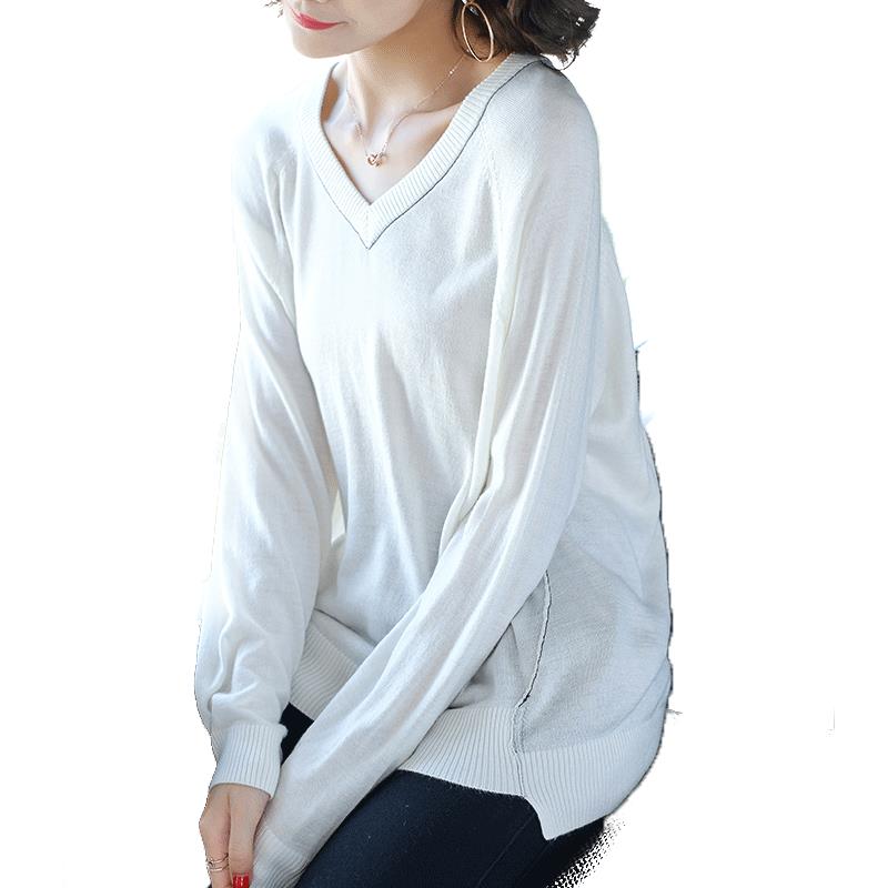 18年秋季长袖常规宽松套头不对称V领纯色大码女装潮流简约