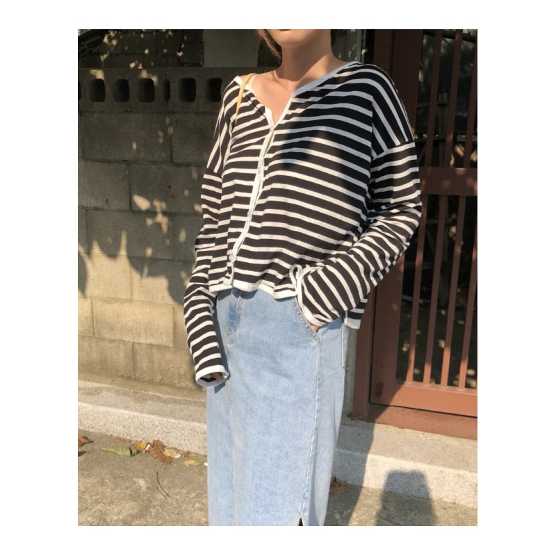2018秋新款韩版女 chic宽松条纹单排扣开衫v领防晒服上衣长袖外套