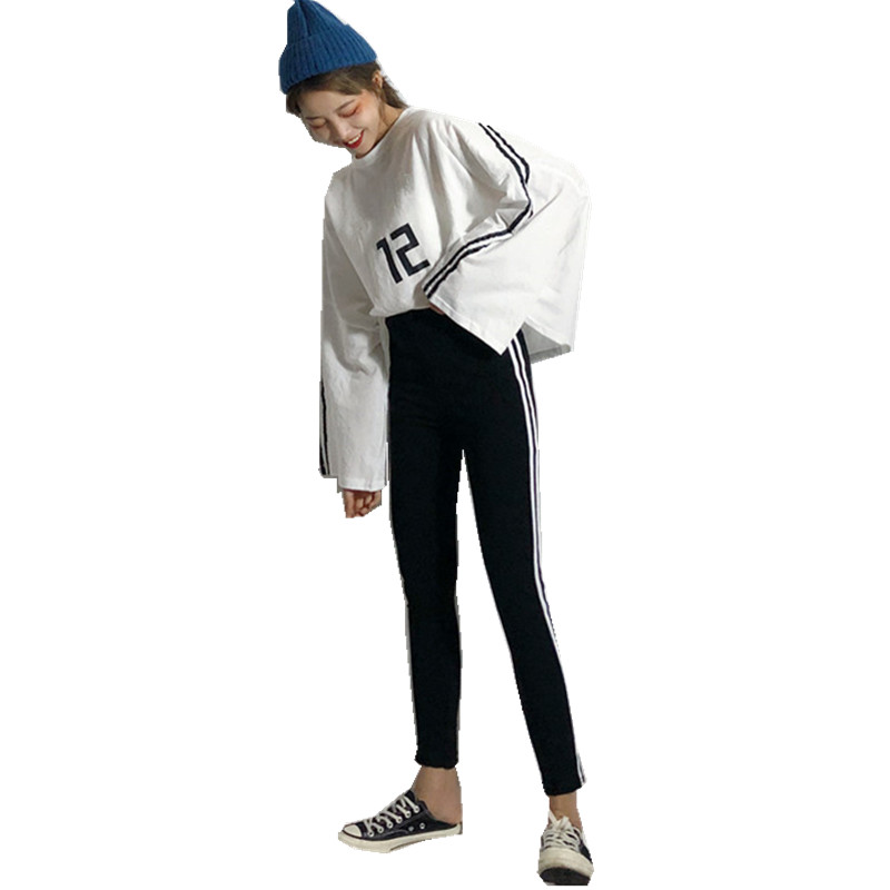 2018韩版时尚套装女装数字条杠长袖T恤+松紧腰修身裤打底裤两件套