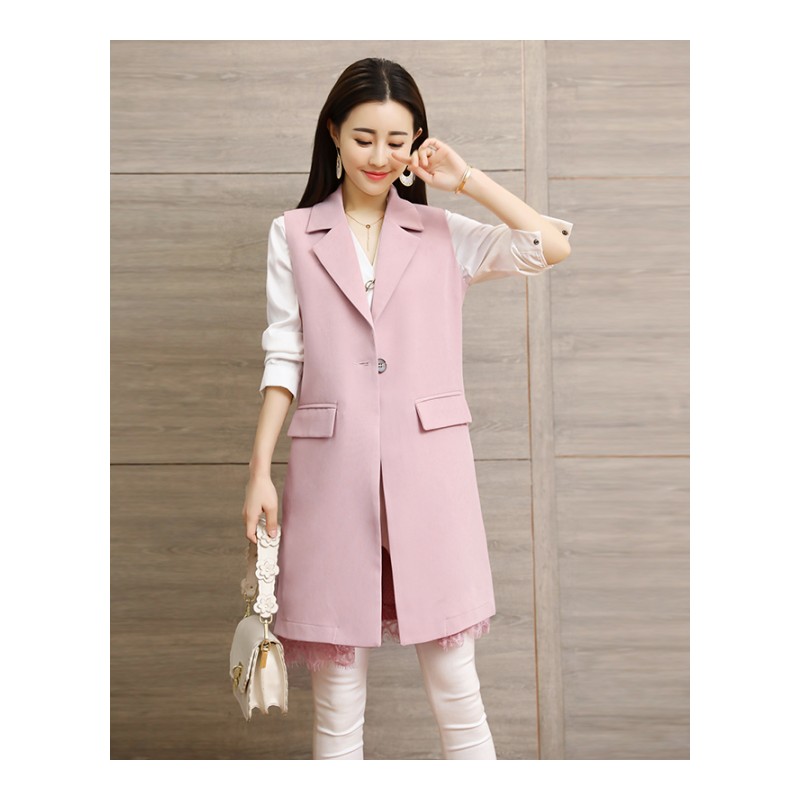 马夹女2018秋季新款中长款POLO领单排扣休闲百搭蕾丝拼接无袖上衣