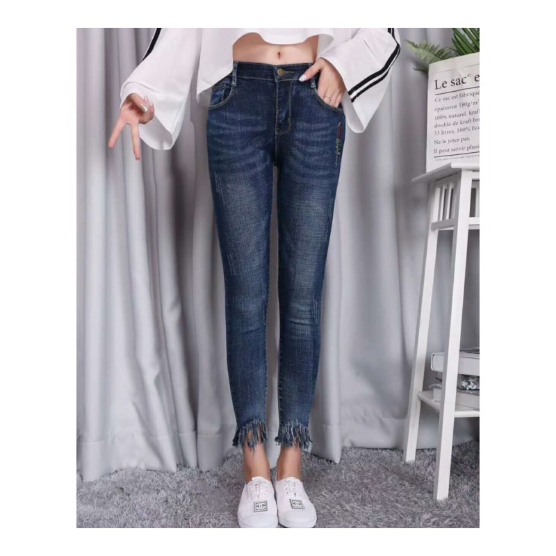 不规则高腰牛仔裤女紧身小脚2018春秋新款韩版显瘦流苏九分裤裤子