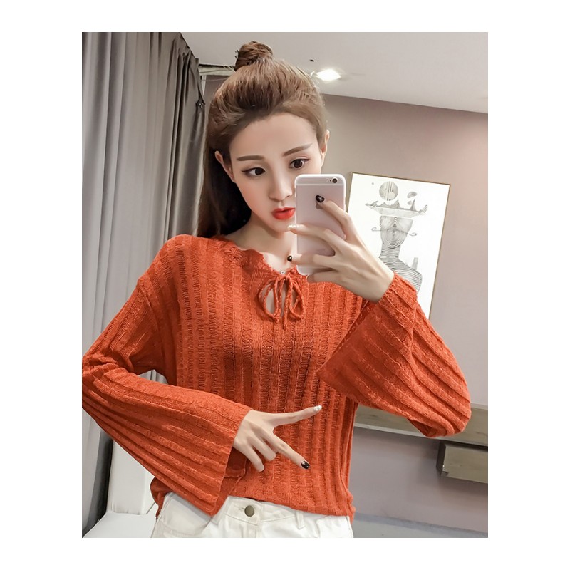 系带镂空针织衫女18秋季新款韩版圆领薄款罩衫喇叭长袖短款