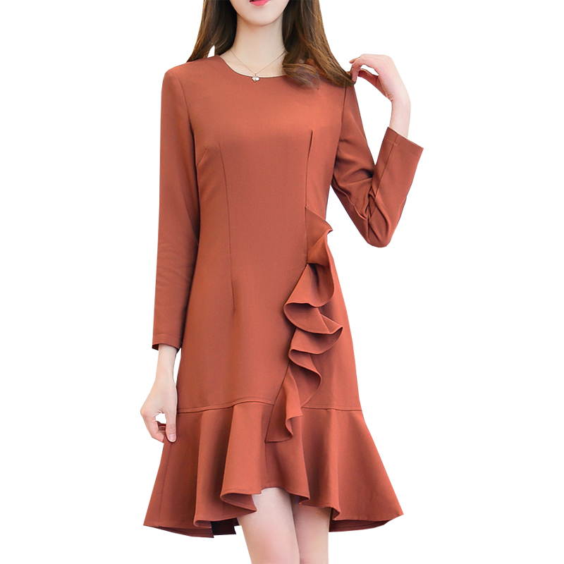 连衣裙纯色圆领中腰荷叶边裙2018年秋季长袖中长款系带H型