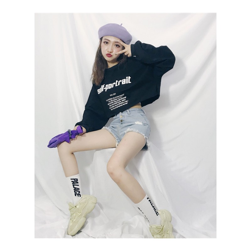 秋装2018新款韩版短款露脐长袖bf风上衣宽松字母印花学生紫色卫衣