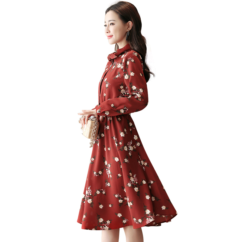 碎花韩版气质时尚修身显瘦中长款九分袖圆领套头连衣裙2018年女裙