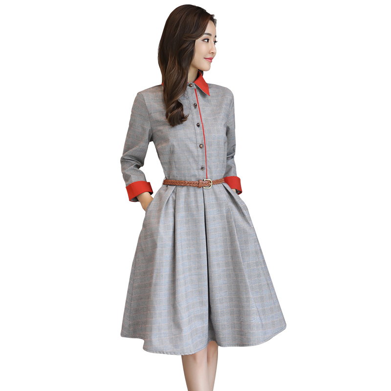 连衣裙格子方领高腰单件A字裙长袖中长款韩版百搭气质优雅潮流女