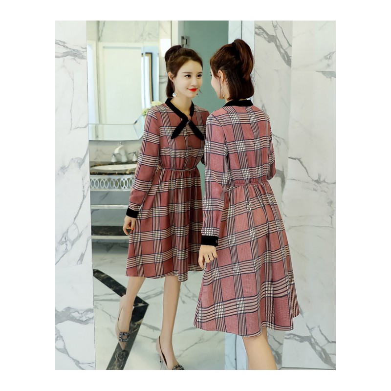 连衣裙格子单件2018年秋季新款长袖中长款拼接纽扣X型舒适修身款