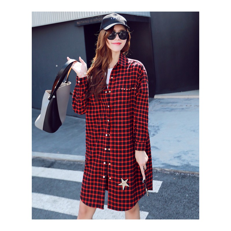 长袖POLO领单排多扣格子韩版百搭中长款显瘦修身2018年秋季衬衫潮