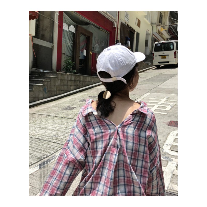 2018年chic早秋衬衫女韩版社会粉色格子前后V领背后镂空心机长袖