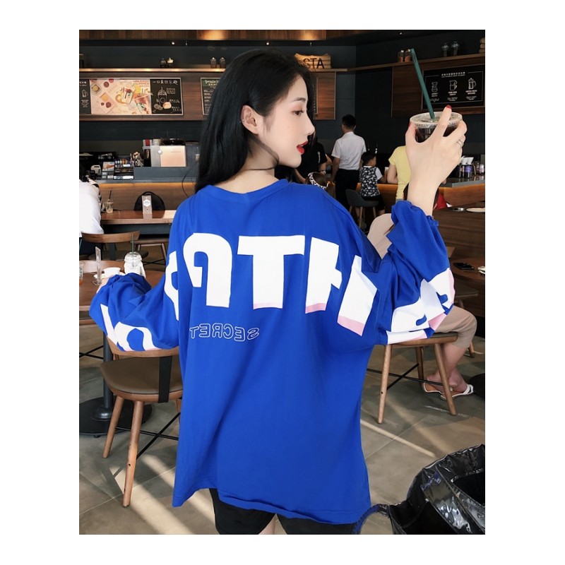 原宿女装休闲字母上衣bf秋季中长款圆领长袖T恤女宽松韩版学生潮
