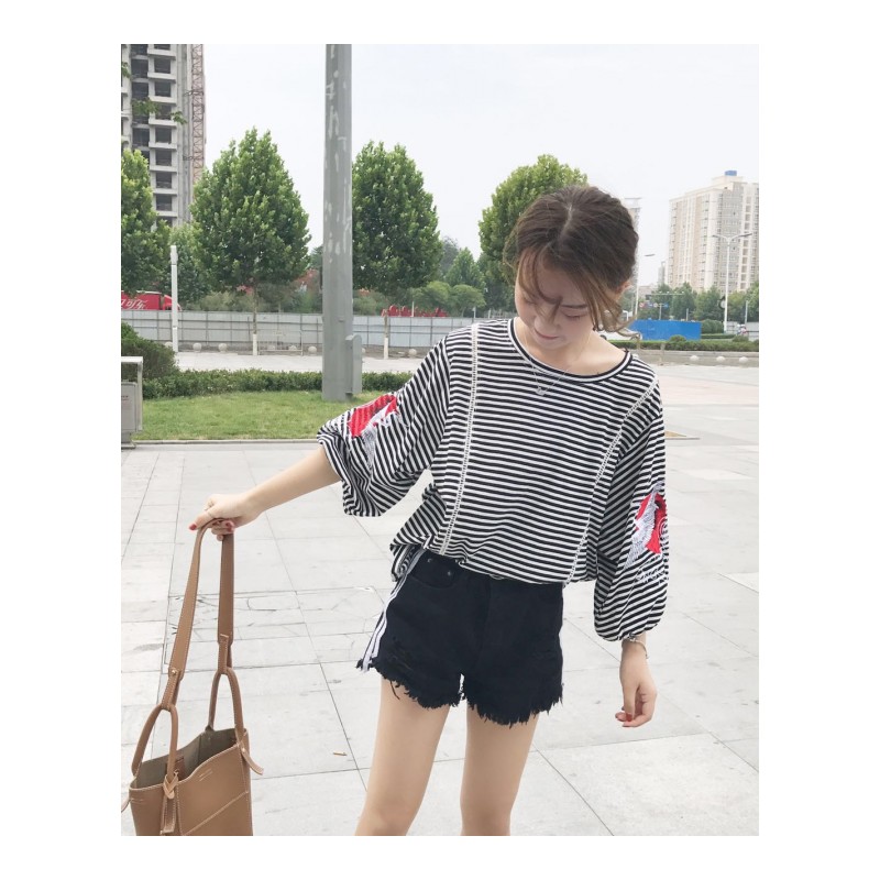 灯笼袖T恤女2018秋季新款韩版宽松长袖T恤学院风学生女夏打底衫潮