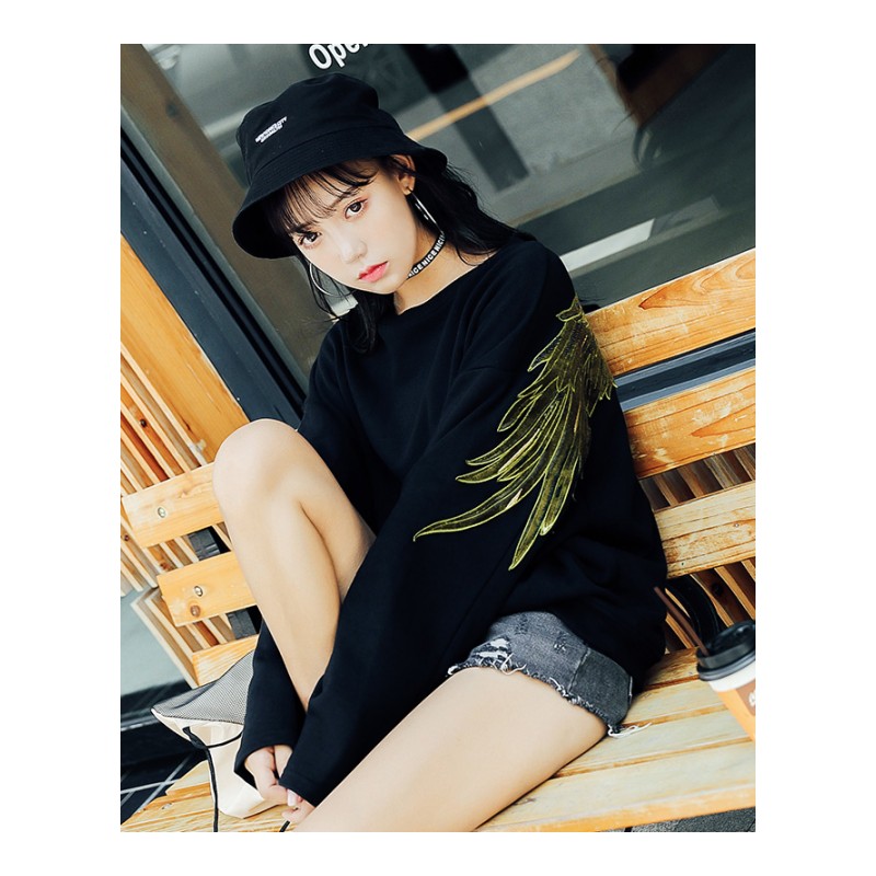 春秋2018新款韩版宽松百搭慵懒风长袖黑色套头翅膀卫衣女学生潮