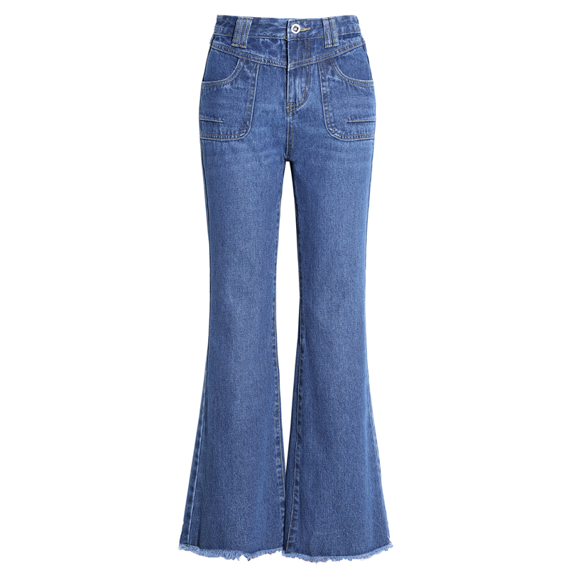 高腰微喇牛仔裤女毛边长裤子2018年春秋新款大码中年修身显瘦喇