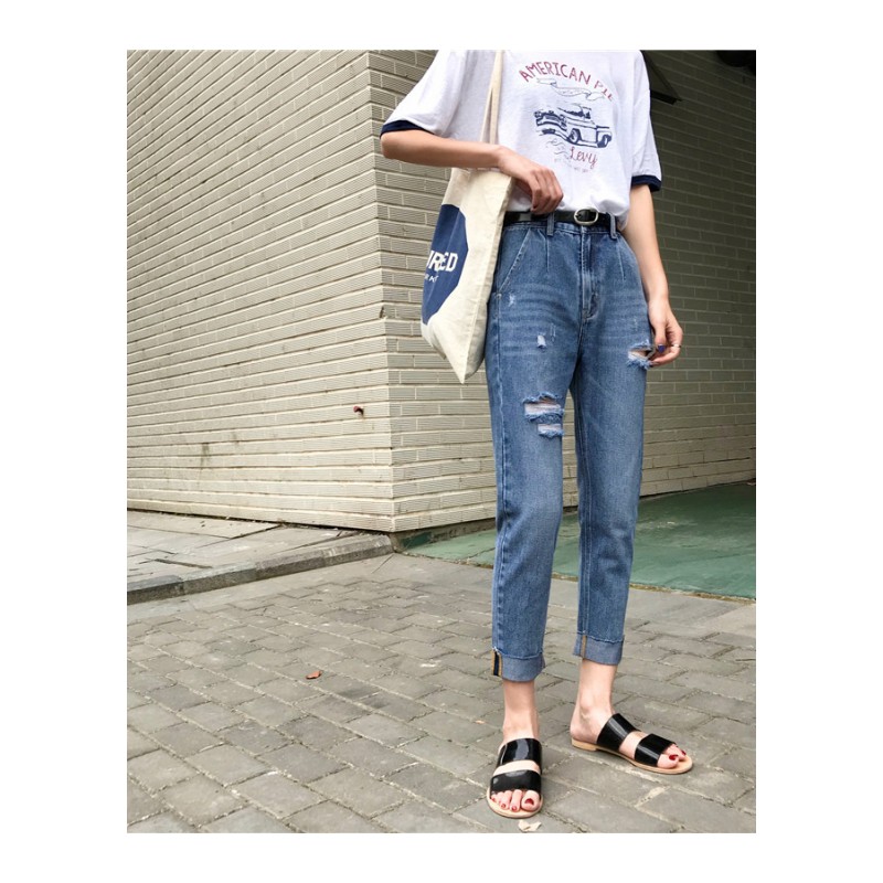 牛仔裤女春秋2018新款韩版显瘦破洞个性卷边直筒原宿学生九分裤