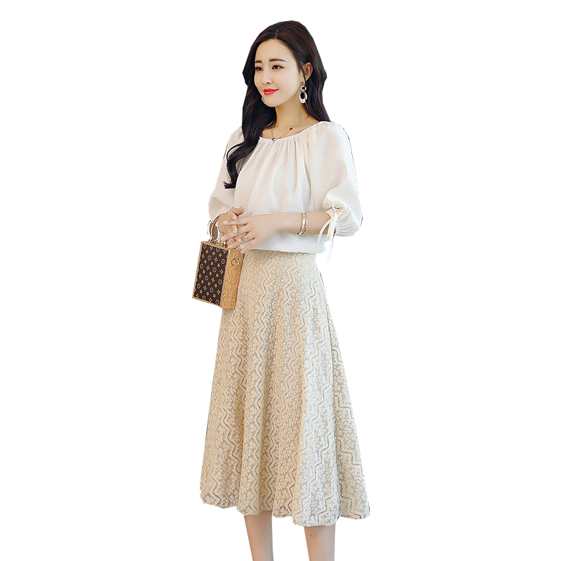 韩版时尚优雅知性OL通勤气质女神范雪纺上衣蕾丝半身裙套装两件