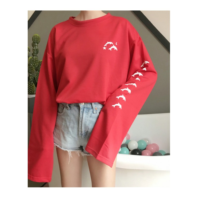 韩版宽松学院风字母刺绣长袖T恤打底衫女秋装复古bf薄款学