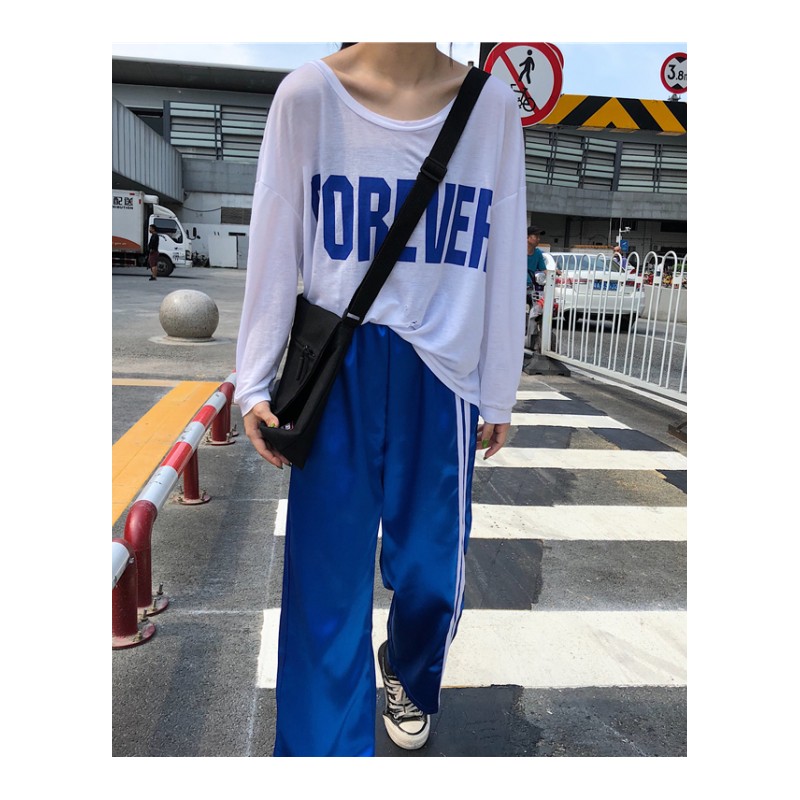 时尚套装女秋2018新款韩版字母印花宽松T恤上衣+休闲阔腿裤