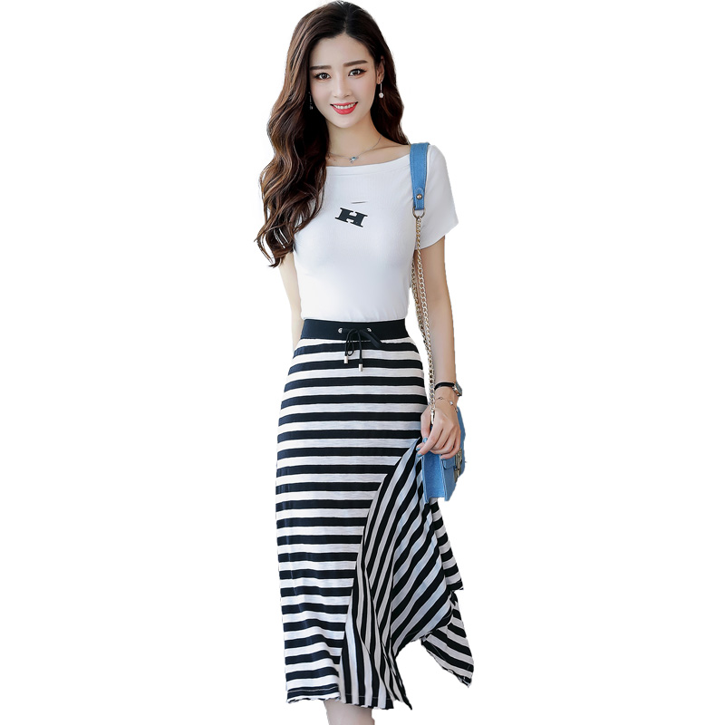 连衣裙女2018年夏季新款韩版女装时尚休闲长款条纹不规则两件套潮