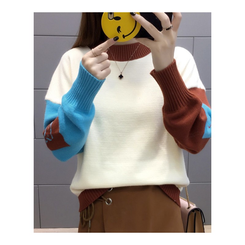 2018秋冬新款针织衫毛衣女韩版宽松圆领拼色学生打底衫套头上衣潮