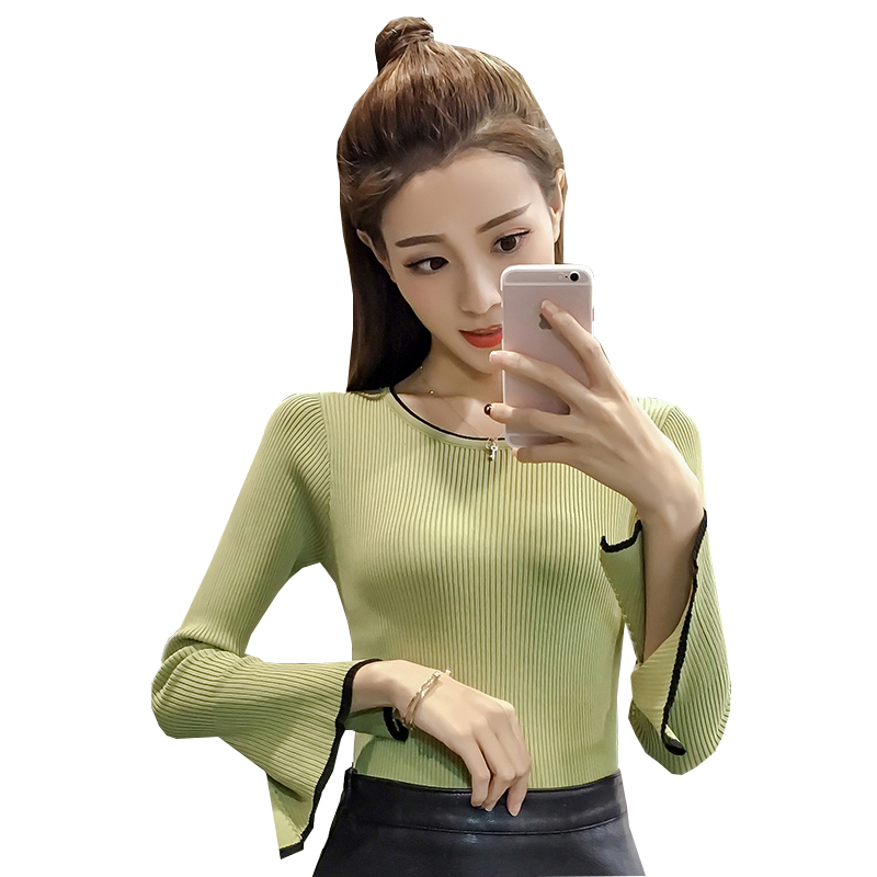 新款韩版秋冬季针织衫女毛衣喇叭袖打底衫圆领修身百搭内穿上衣潮