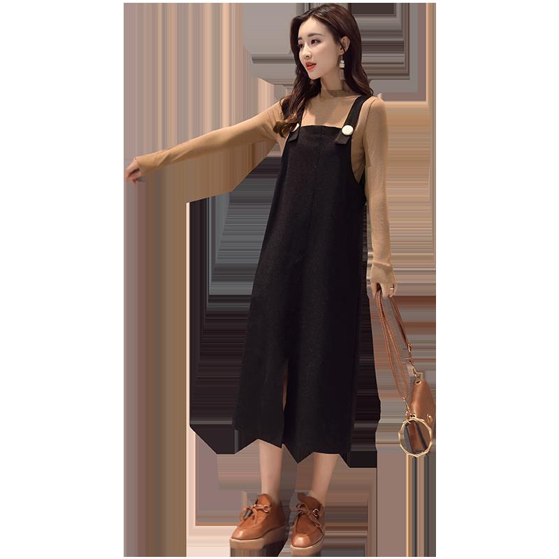2018女装秋新款长袖韩版宽松中长款两件套套装背带连衣裙子