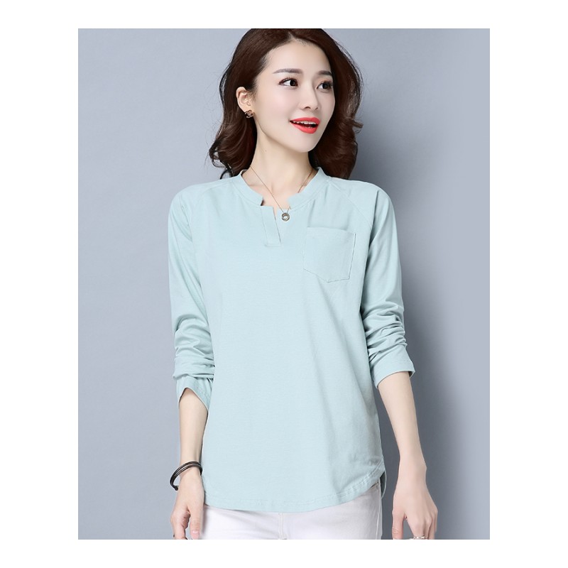 2018年韩版新款长袖T恤女士V领外穿上衣打底衫宽松休闲中年小衫