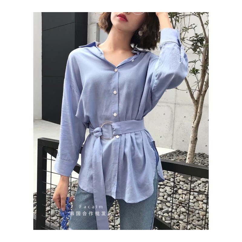 韩版2018早秋新款长袖宽松显瘦衬衫后背刺字母珠片收腰T恤薄外套