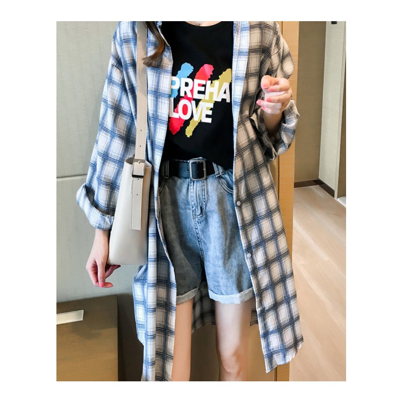 夏新款宽松bf格子衬衫女长袖薄款防晒衣外套中长款衬衣裙子2018