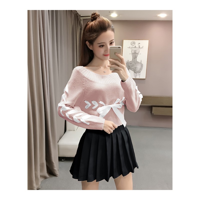 2018秋装新款上衣韩版蝴蝶结学生针织毛衣气质一字领打底衫女装潮