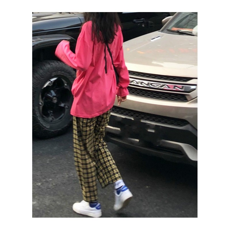 早秋时尚玫粉色字母长袖薄tee+松紧时尚蓝黄格子休闲裤两件套潮