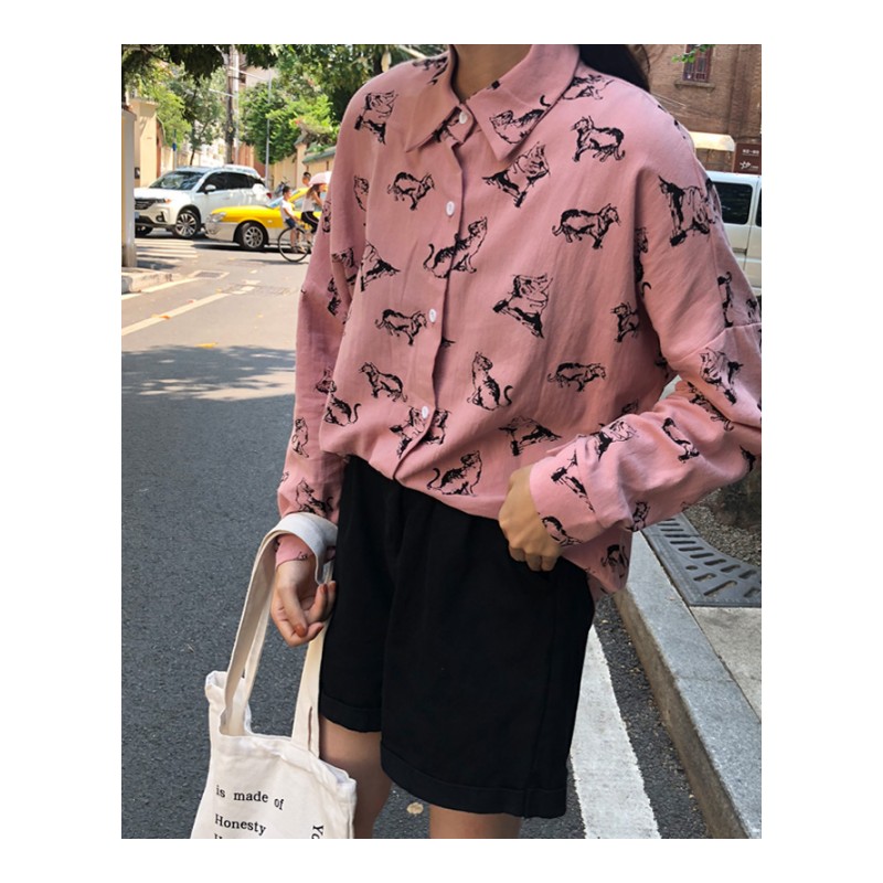 2018年秋装新款韩版时尚粉色印花卡通狼图案polo领长袖衬衫女潮