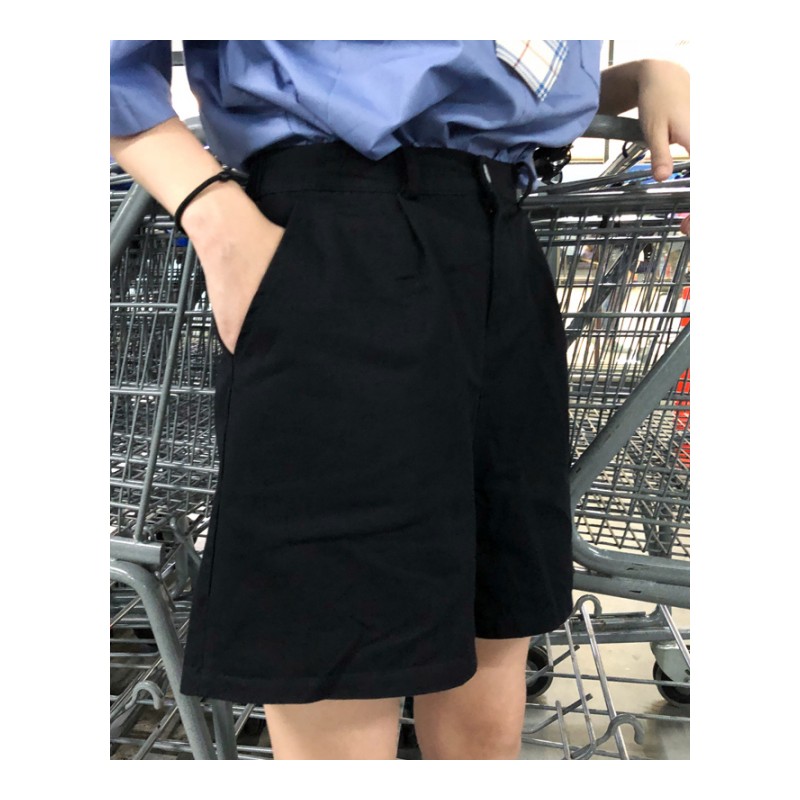 2018年学院风短袖领带显瘦衬衫+两侧有口袋黑色学生阔腿短裤女潮