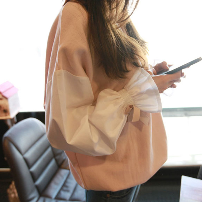 套头宽松卫衣长袖春秋bf外套原宿风 学生喇叭袖休闲女韩版潮粉色