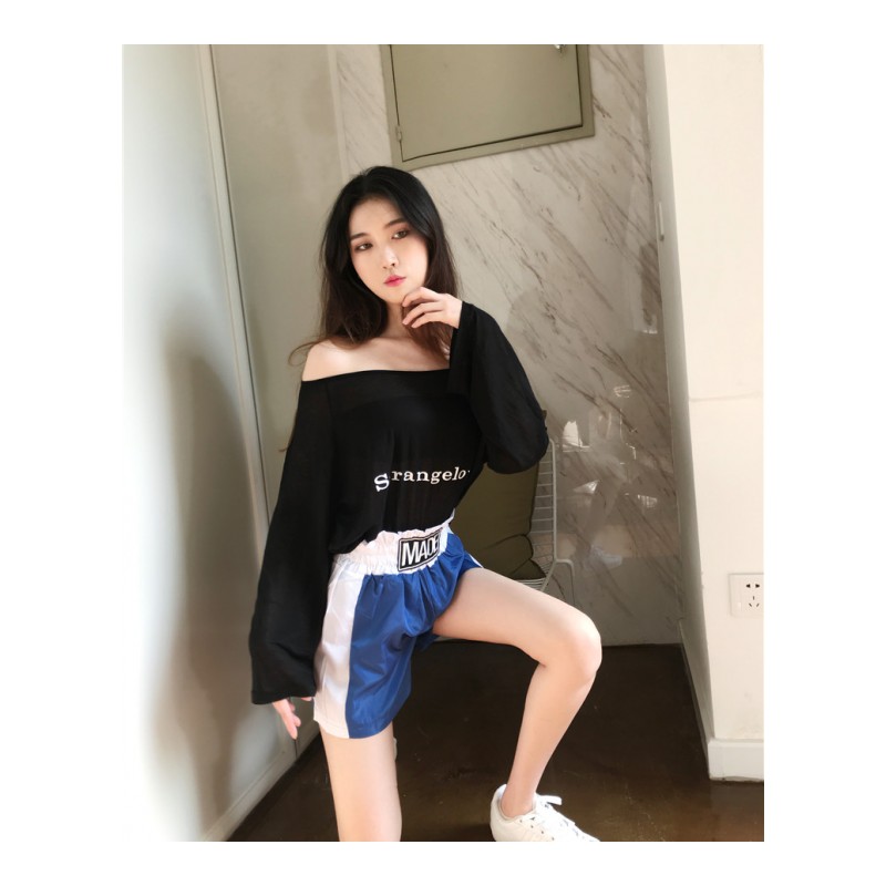 2018新款女装韩版简约时尚套装百搭长袖防晒T恤+字母短裤两件套潮