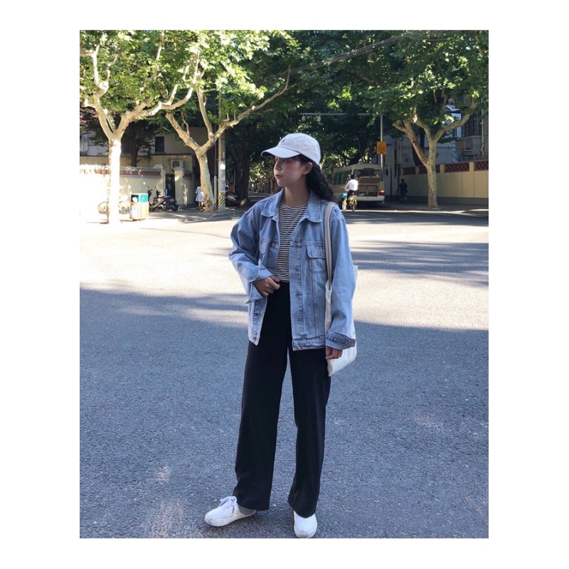 2018新款韩版复古港风长袖上衣宽松百搭显瘦浅色系扣牛仔外套女
