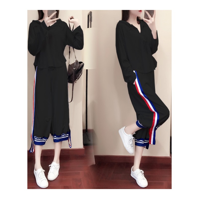2018套装女新款韩版休闲服时尚宽松侧边条纹春秋卫衣阔腿裤两件套