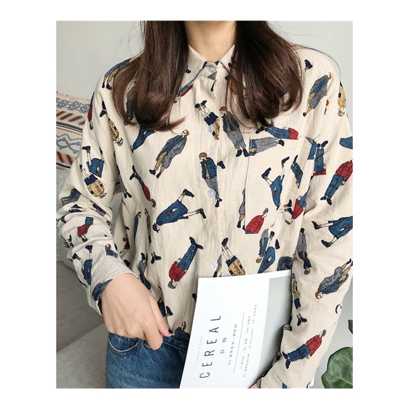 原宿风复古卡通小人印花衬衫女新款秋季韩版百搭宽松长袖上衣衬衣