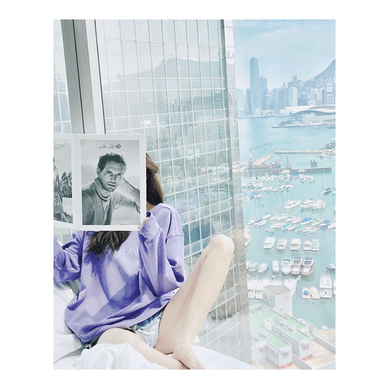 2018秋款圆领紫色卫衣女中长款套头宽松bf原宿风无帽时尚上衣潮