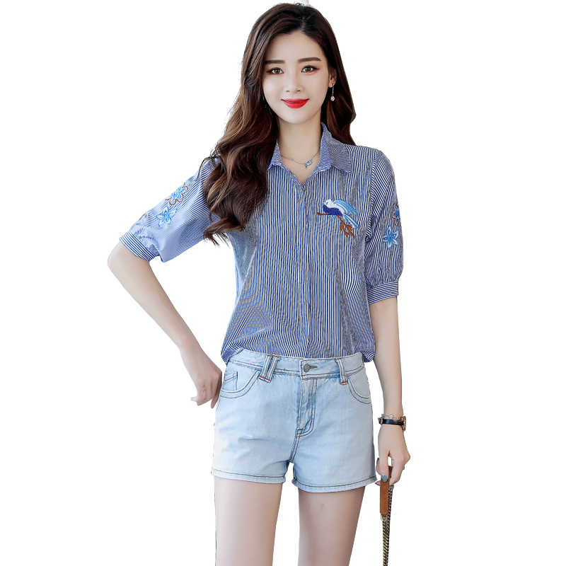 2018夏季衬衫棉简约韩版舒适POLO领灯笼袖五分袖修身纯色时尚衬衫