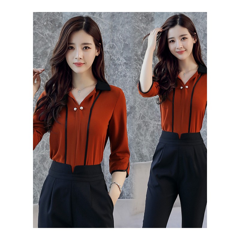 七分袖2018秋款韩版衬衫棉V领套头常规时尚气质小衫单件气质小衫