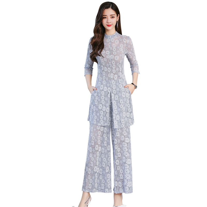 2018中国风女装新款夏季套装女潮时尚两件套衬衫配裤子蕾丝连衣裙