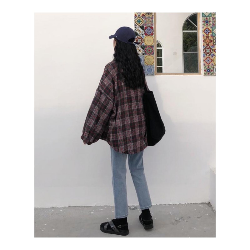 韩版秋冬复古暗色格子宽松显瘦呢料bf风衬衫大码外套女学生衬衣