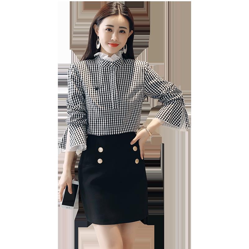 2018年春秋新款女装黑白格子衬衫长袖韩版宽松显瘦气质衬衣学生潮
