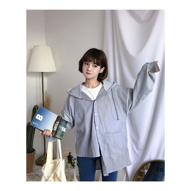 2018新款韩版宽松个性不对称条纹拼接长袖连帽衬衫外套女衬衣潮