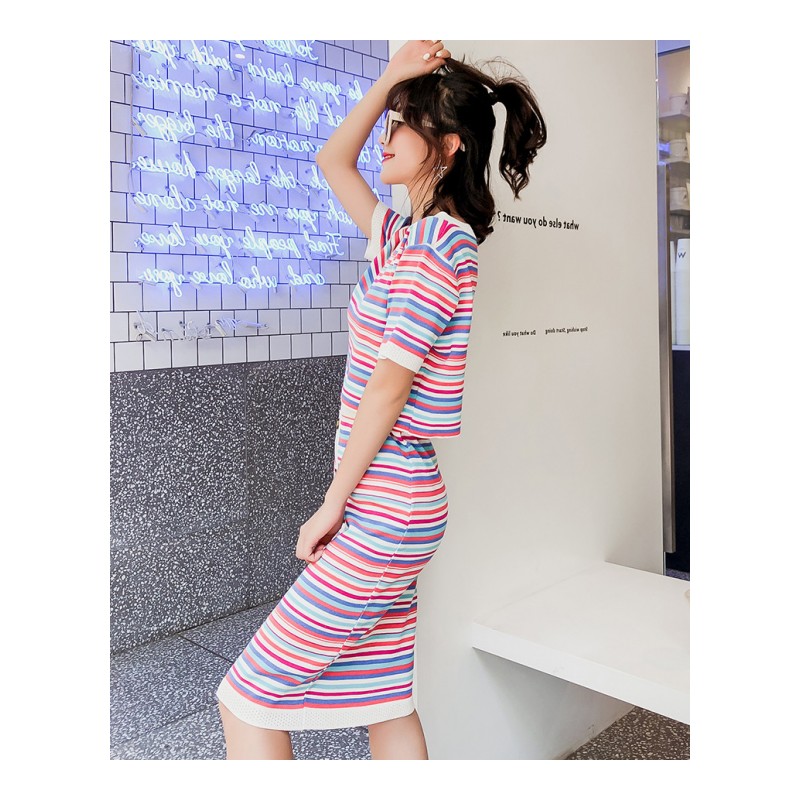 小清新条纹半身裙套装夏季2018新款女神范时尚港味显瘦网红两件套