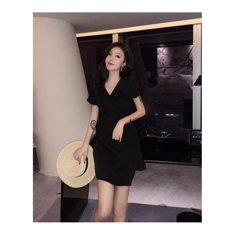 2018夏季新款性感V领系带连衣裙宽松收腰显瘦短袖不规则裙子女装